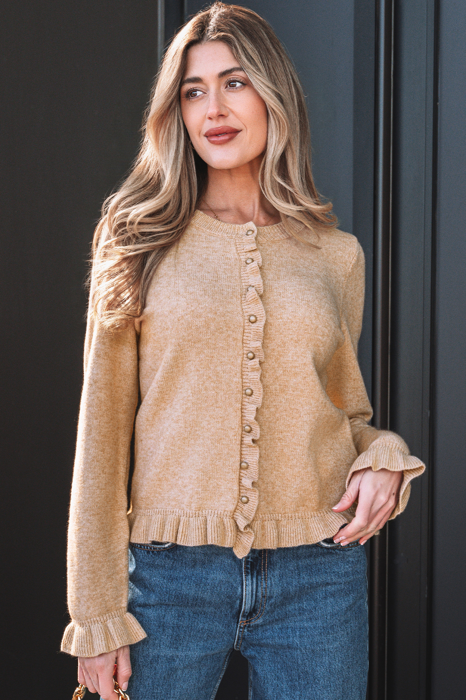 Oatmeal Ruffle Trim Gold Button Sweater Cardigan - loveforevers