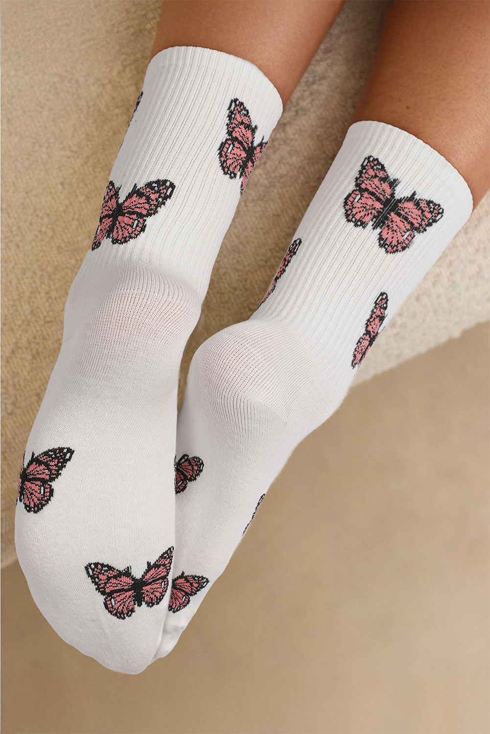 White Butterfly Pattern Ribbed Edge Soft Crew Socks - loveforevers