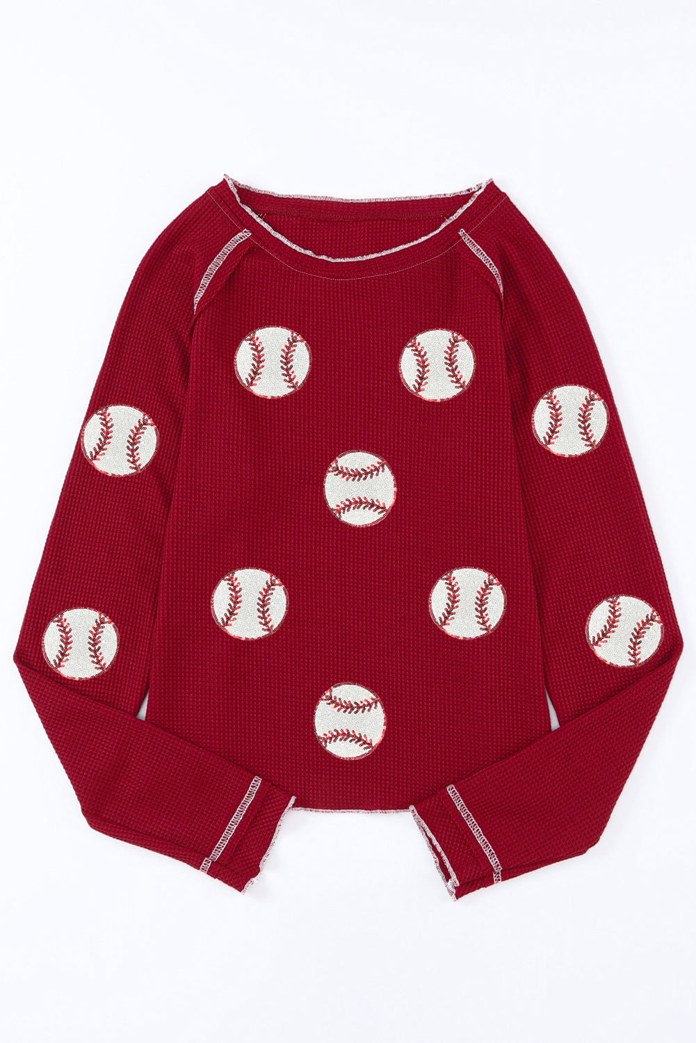 Red Baseball Patched Patterned Game Day Waffle Raglan Top - loveforevers