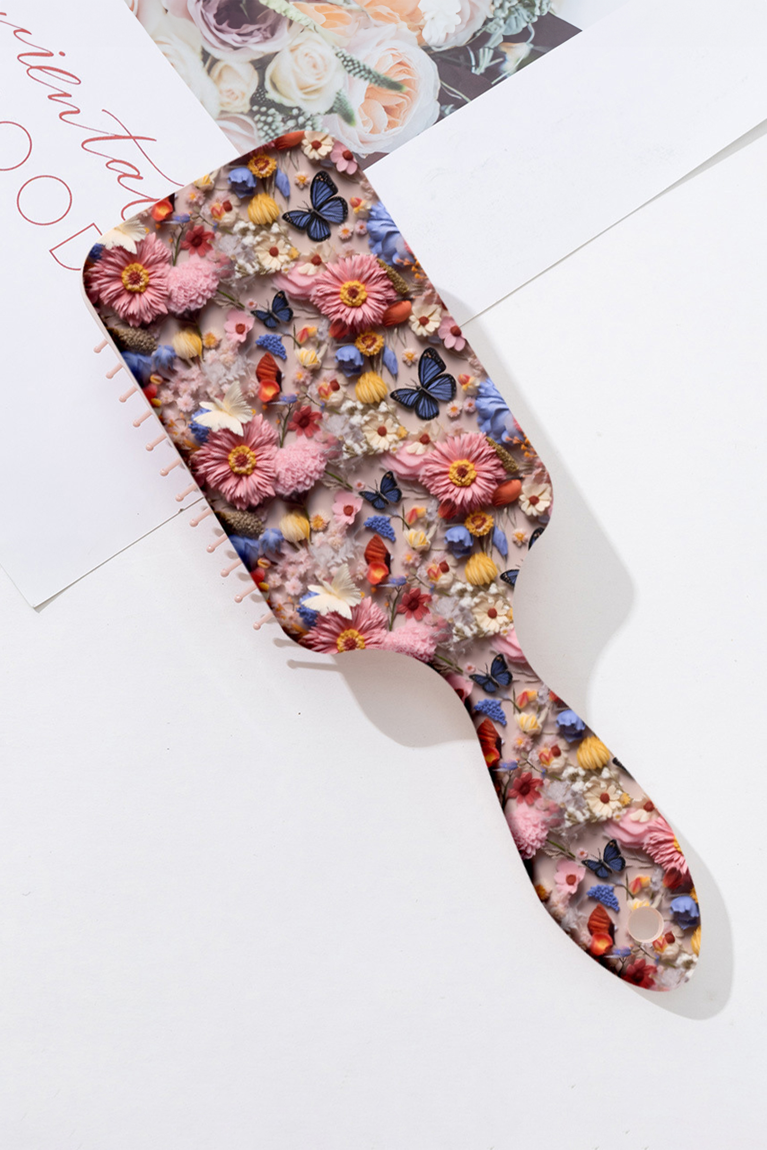 Peach Blossom 3D Flower Butterfly Printed Large Detangle Paddle Hair Brush Comb - loveforevers