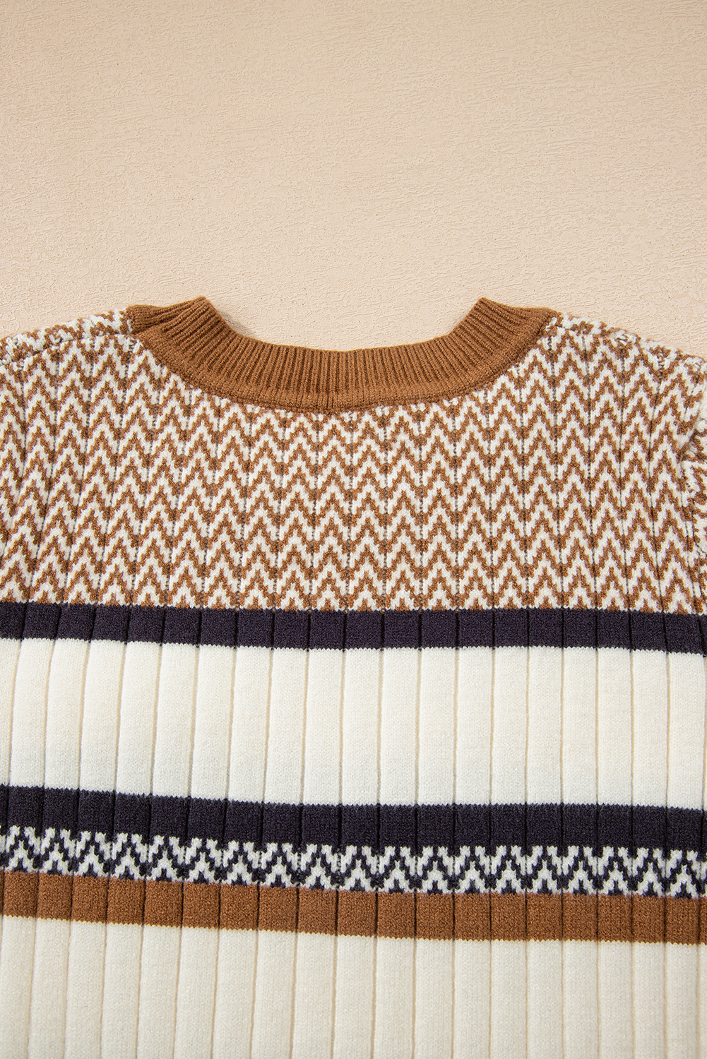 Brown Stripe Stylish Pattern Knitted Ribbed Trim Slim Sweater - loveforevers