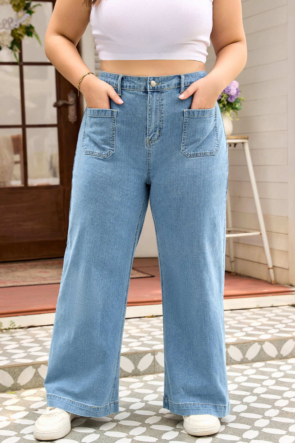 Dusk Blue Patched Pocket Textured Wide Leg Plus Size Jeans - loveforevers