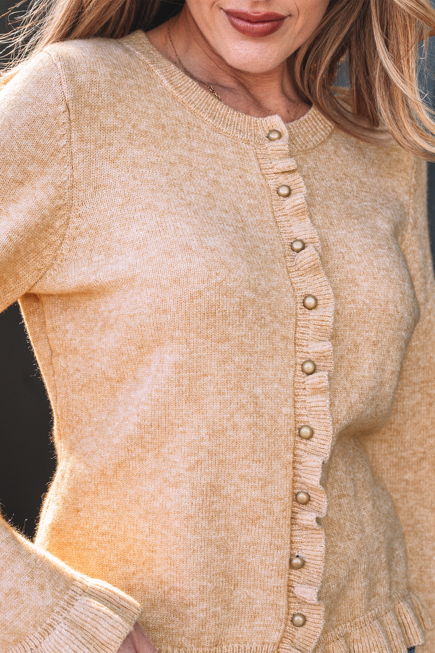 Oatmeal Ruffle Trim Gold Button Sweater Cardigan - loveforevers