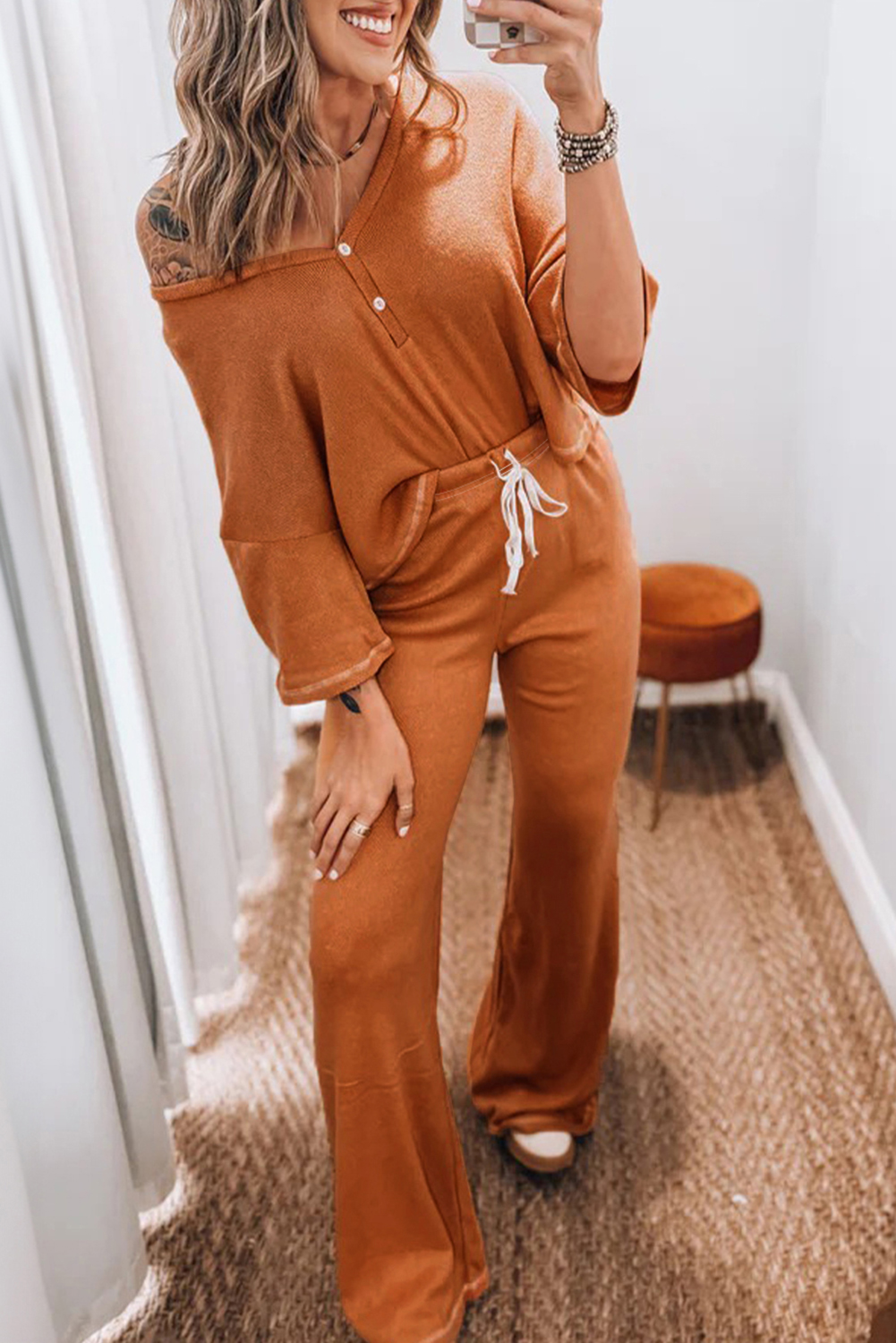 Grapefruit Orange Contrast Stitching Buttoned V Neck Half Sleeve Top and Drawstring Flare Pants Set - loveforevers