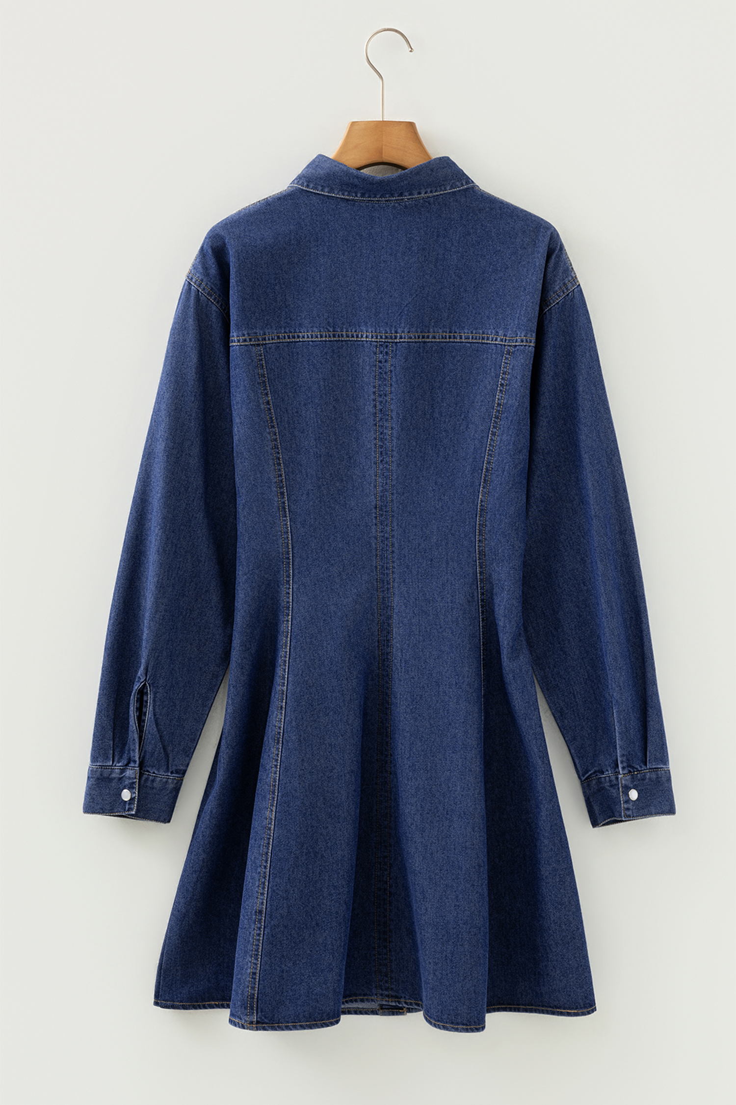 Ashleigh Blue Denim Shirt Collar Long Sleeve Flared Mini Dress - loveforevers