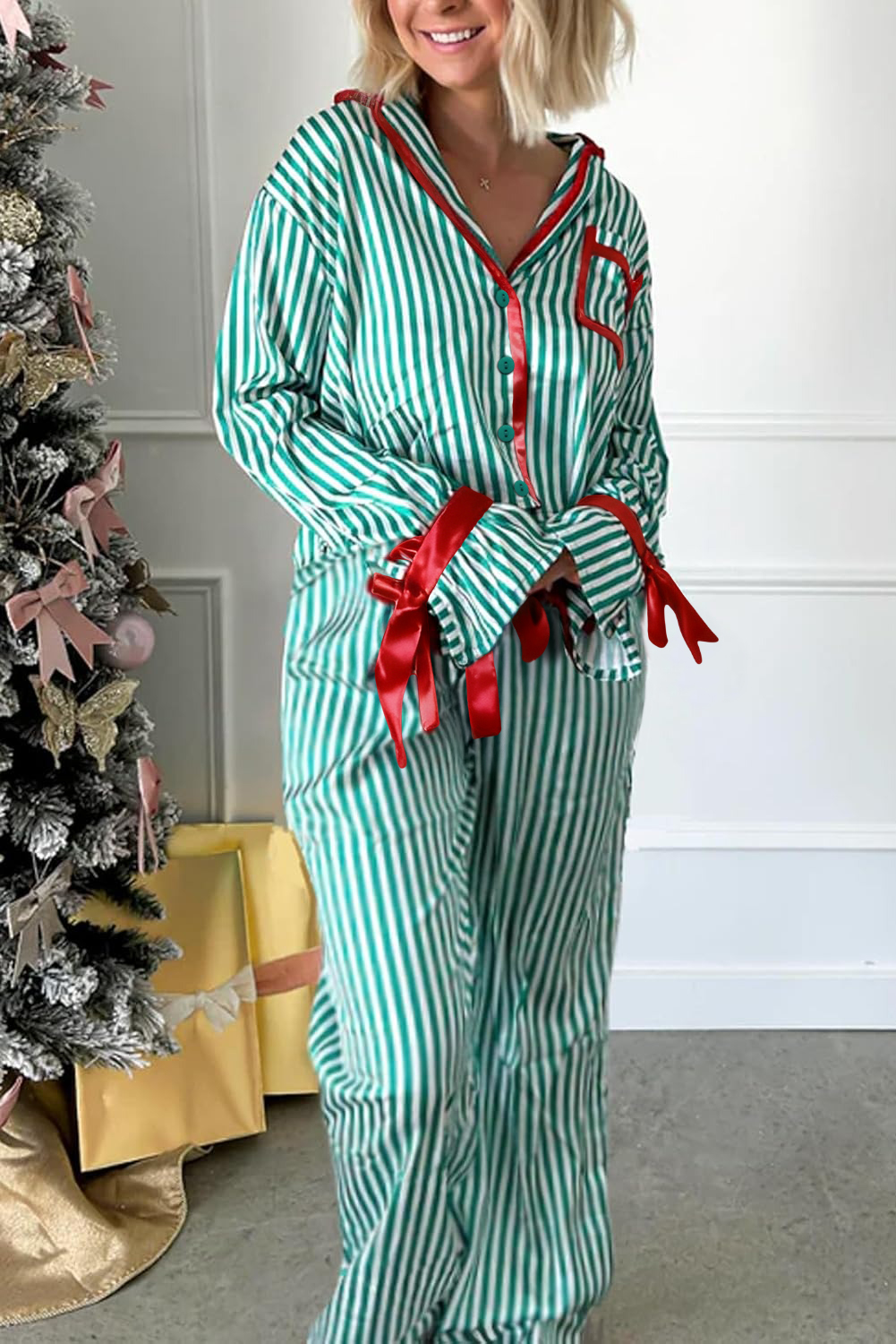 Red Stripe Contrast Velvet Trim Bow Knot Waist 2pcs Pajama Set - loveforevers