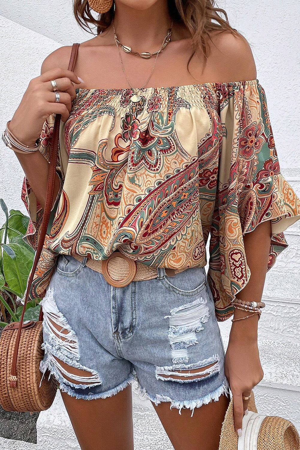 Apricot Paisley Printed Shirred Off Shoulder Ruffled Draped Sleeve Blouse - loveforevers