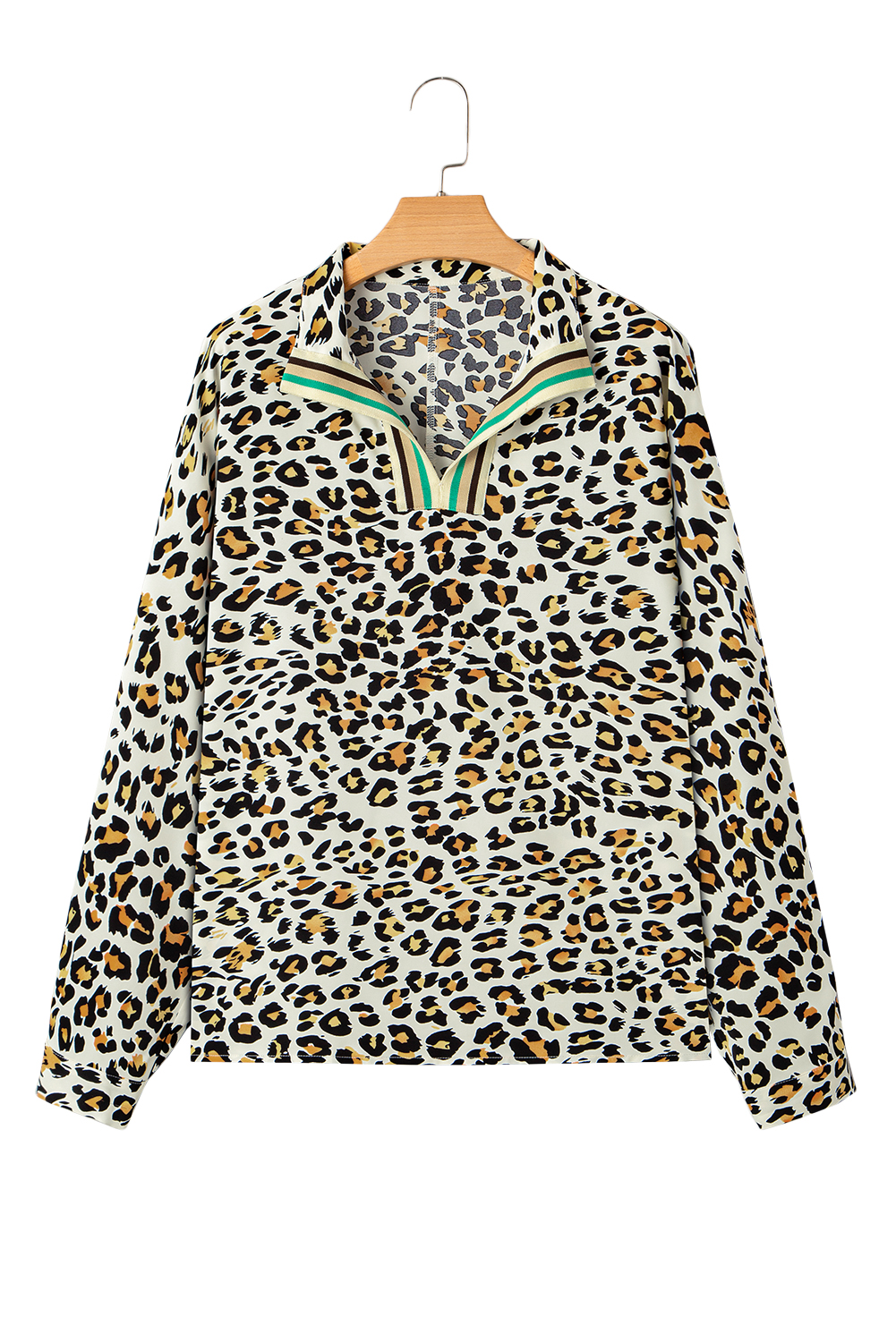 Khaki Leopard Print Contrast Striped V Neck Blouse - loveforevers