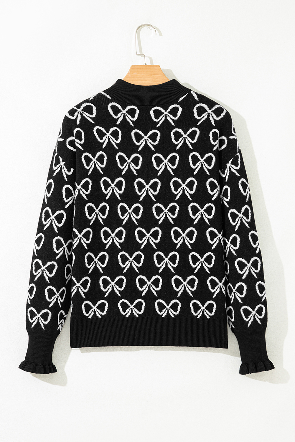Black Cute Bow Pattern Drop Shoulder Zipped Collar Sweater - loveforevers
