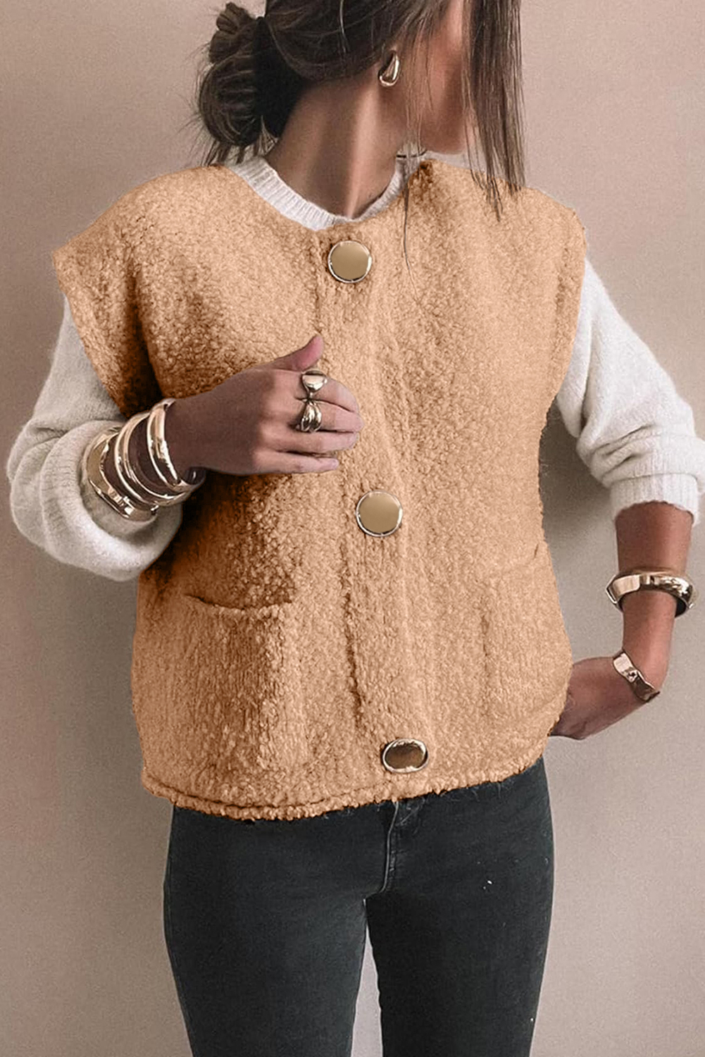 Light French Beige Big Button Accent Fuzzy Pocket Vest - loveforevers