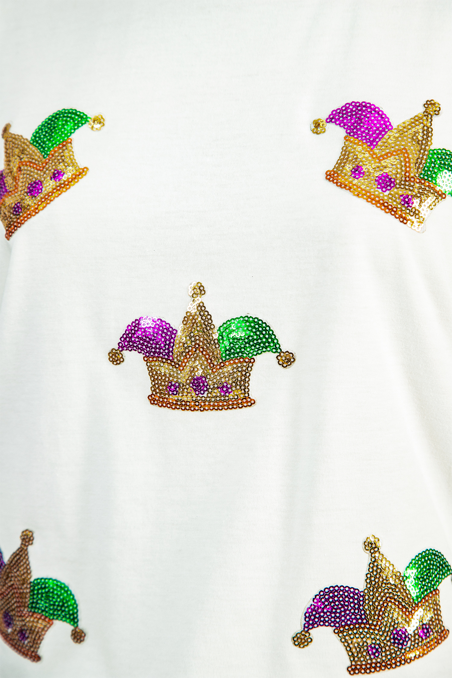 White Mardi Gras Sequin Crown Womens Casual T Shirt - loveforevers