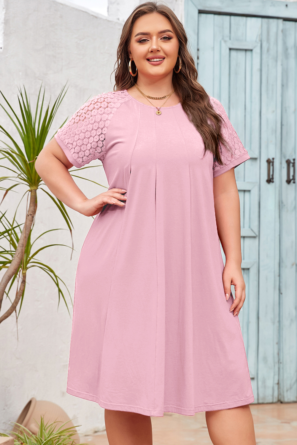 Light Pink Plus Size Solid Color Lace Short Sleeve Pleated Swing Dress - loveforevers