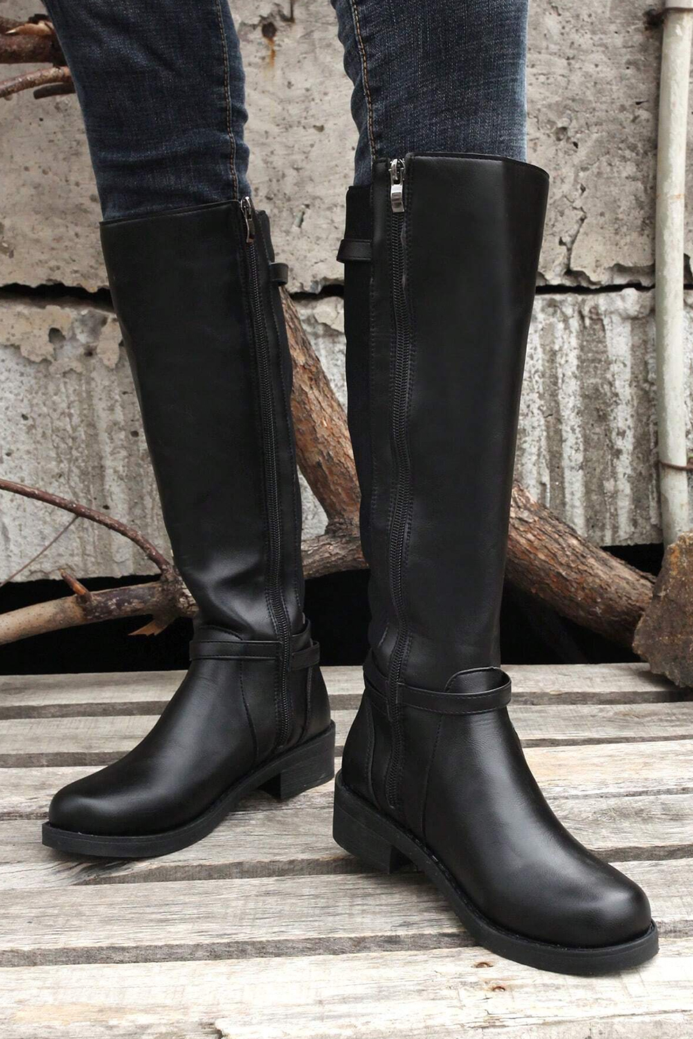 Black Side Zipper Knee High Chunky Low Heel Boots - loveforevers