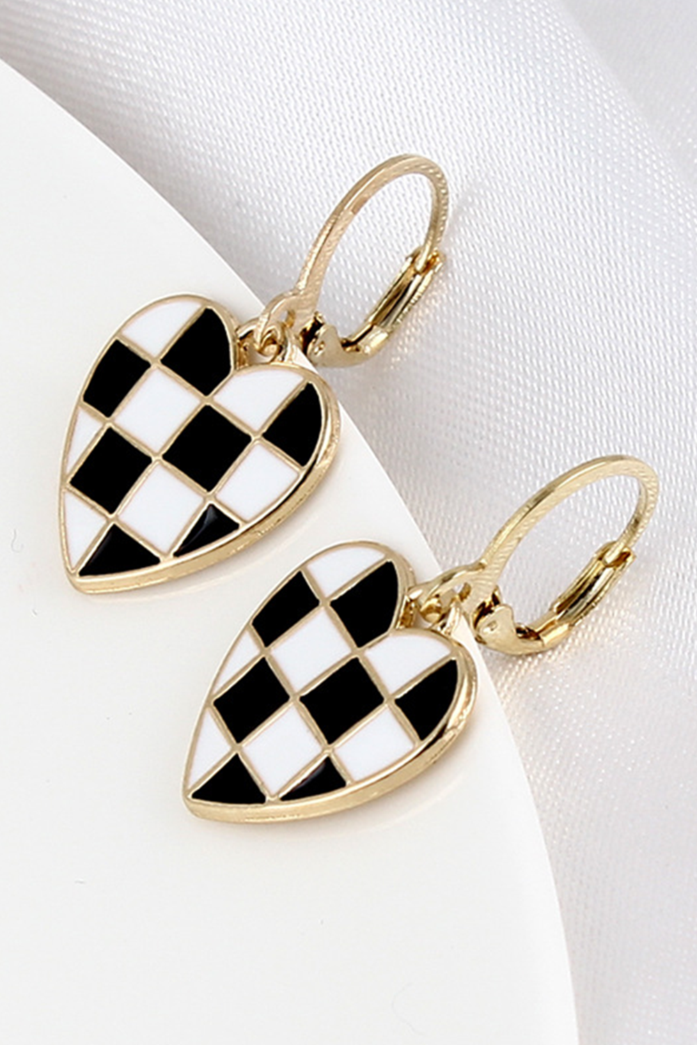 Black Checkered Heart Shape Hoop Dangle Earrings - loveforevers