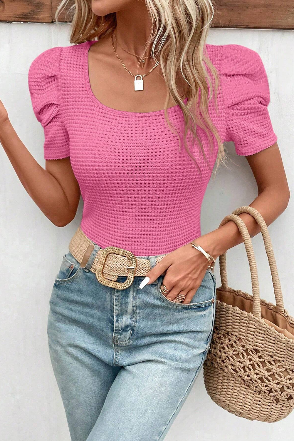 Bright Pink Waffle Knit Ruched Puff Sleeve Top - loveforevers
