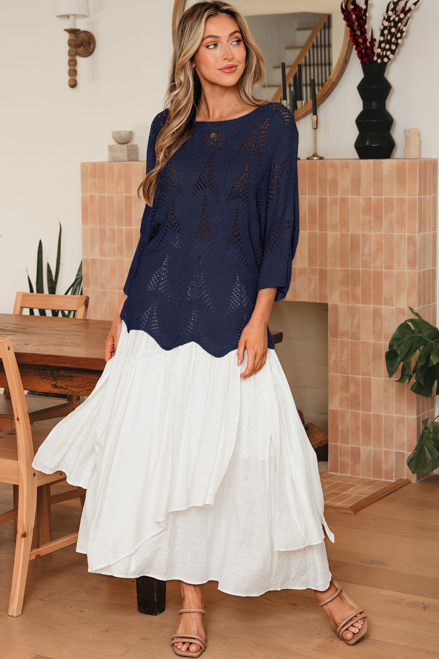 Navy Blue Hollow Out Knit 7/8 Sleeve Casual Sweater - loveforevers