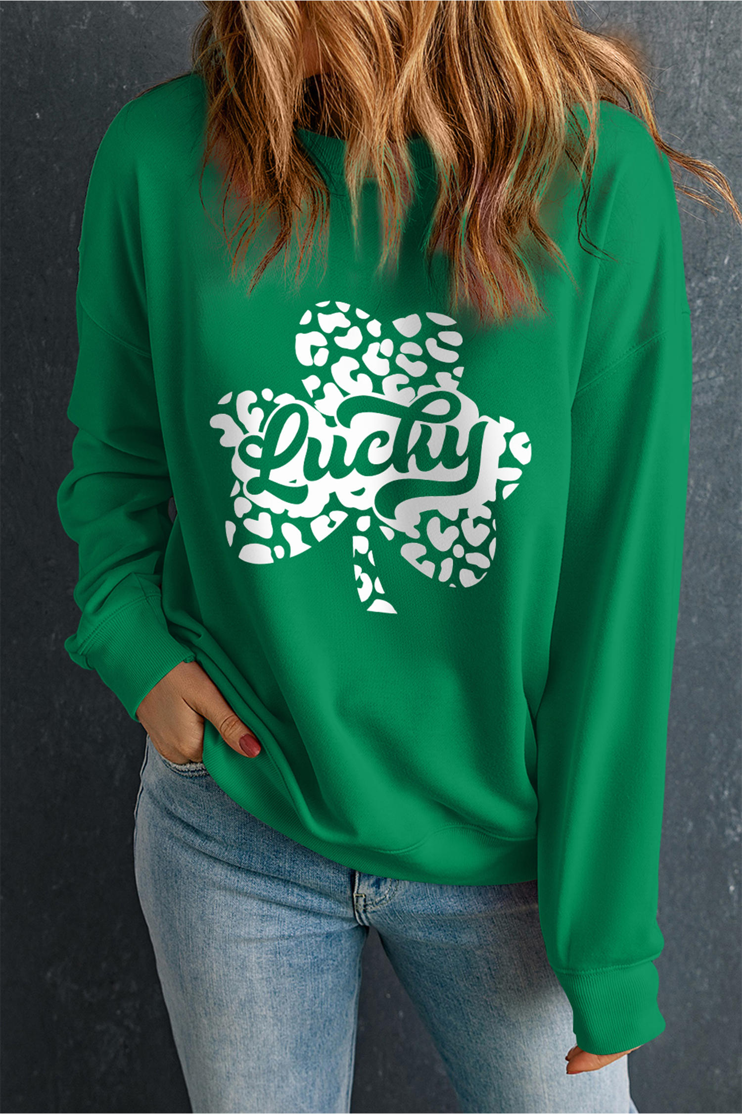 Dark Green Lucky Leopard Clover Dropped Shoulder Sweatshirt - loveforevers