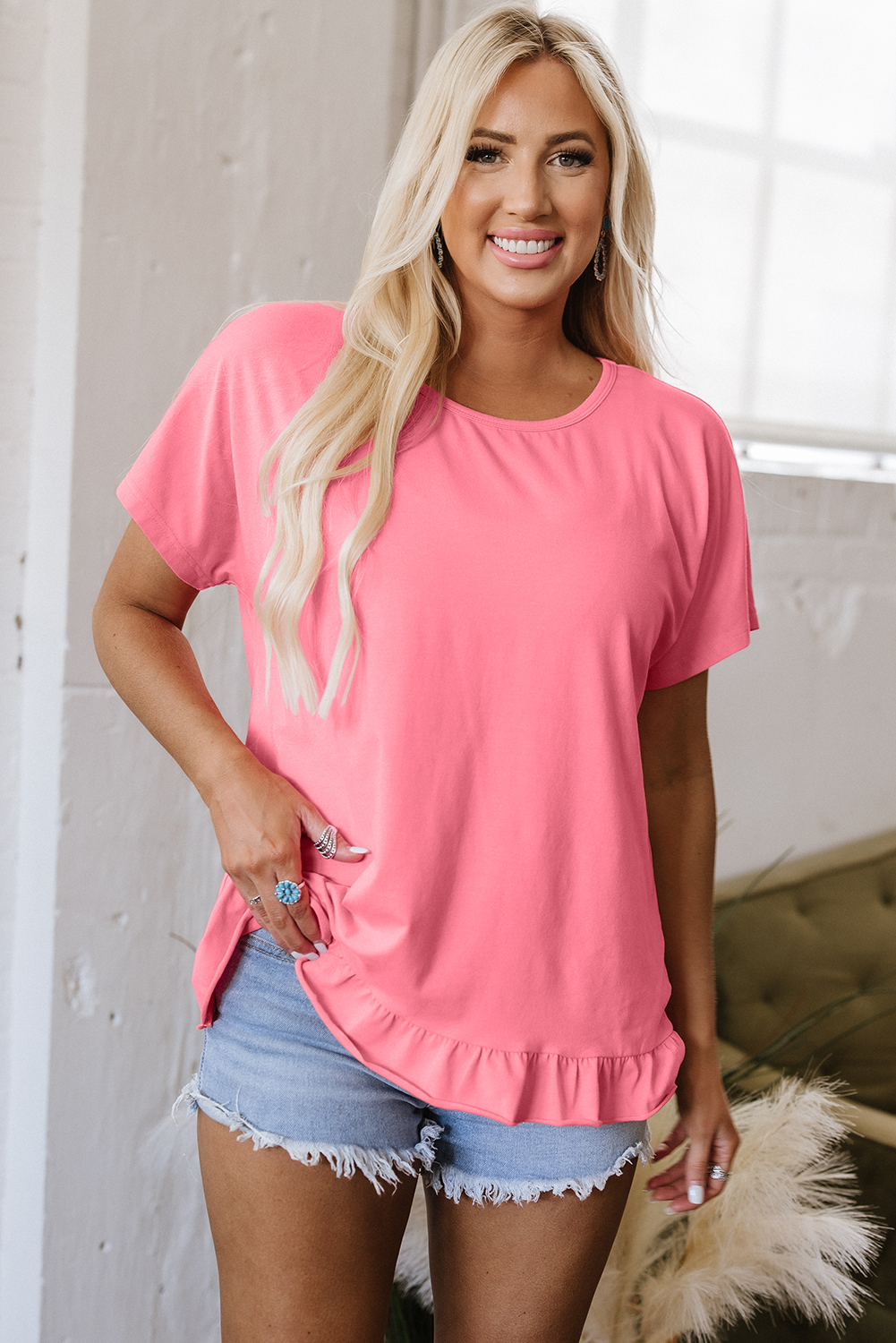 Pink Frilled Hem Loose T-Shirt - loveforevers