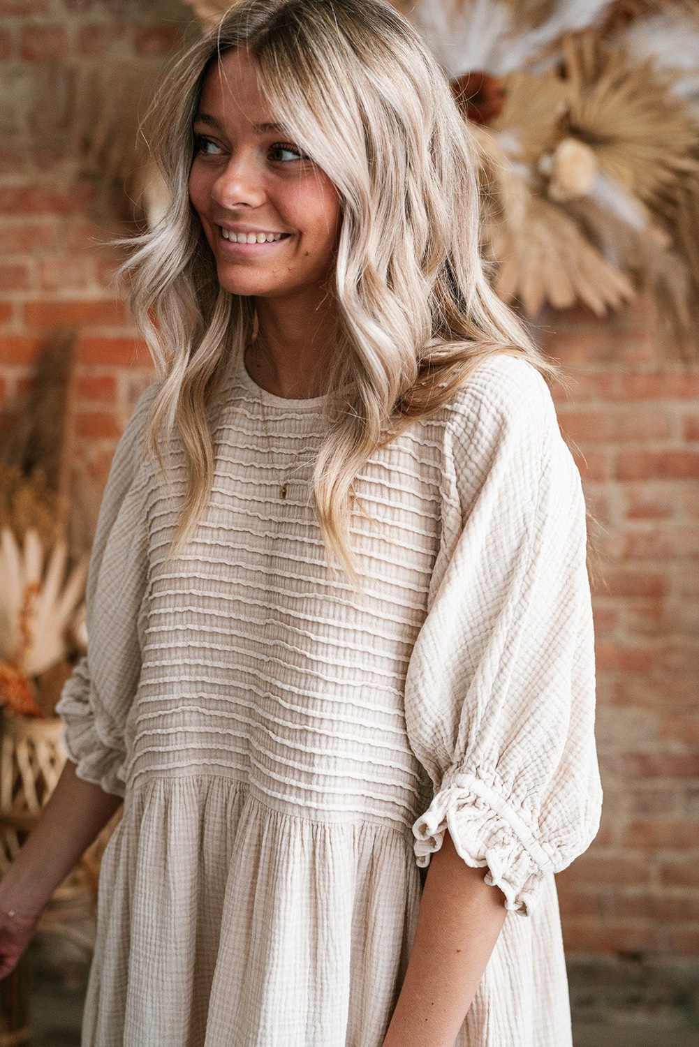 White Textured Ruffled Puff Sleeve Loose Dress - loveforevers