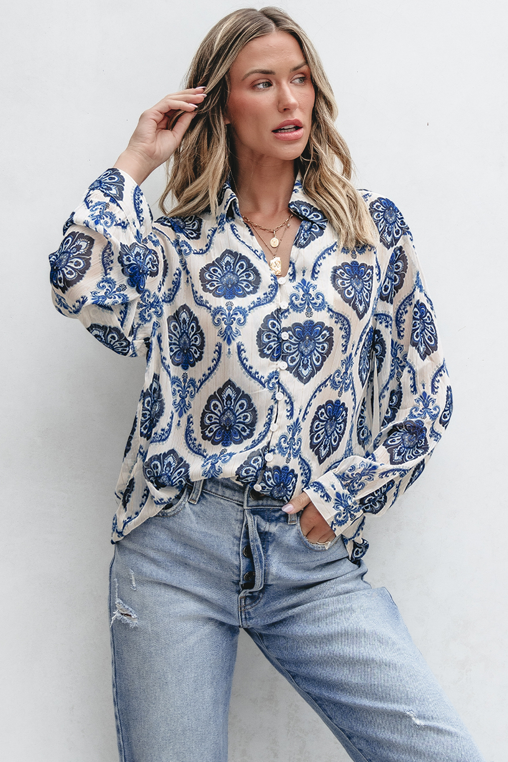 Blue Tribal Pattern Buttoned Front Loose Shirt - loveforevers