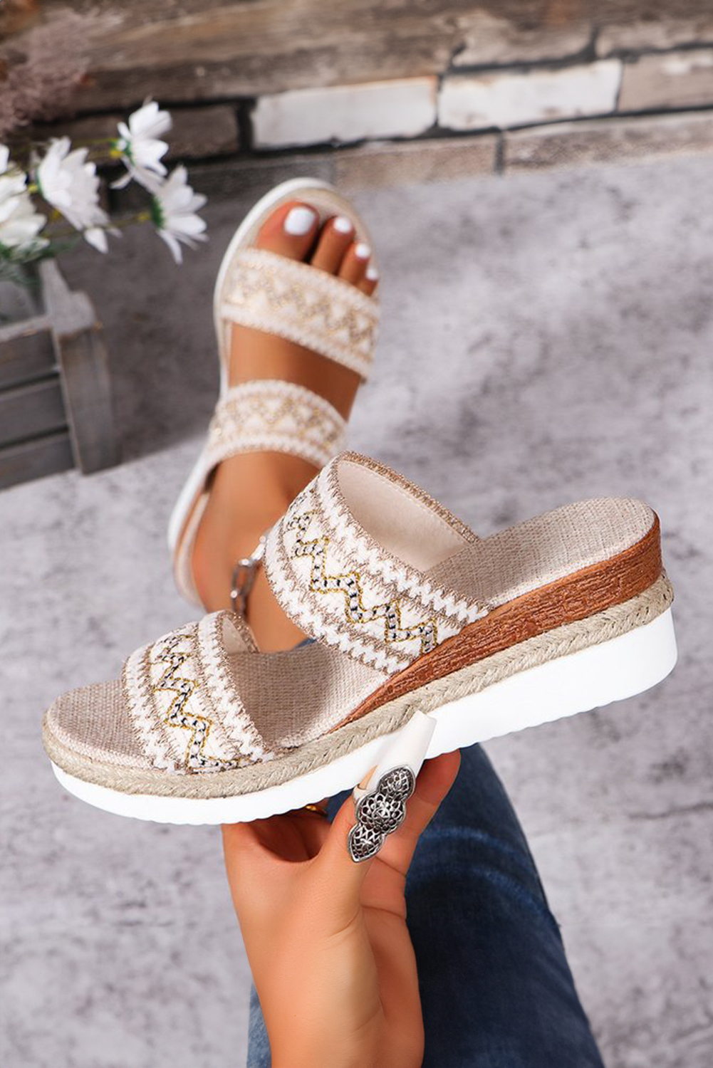 Beige Crochet Dual Band Wedge Slippers - loveforevers