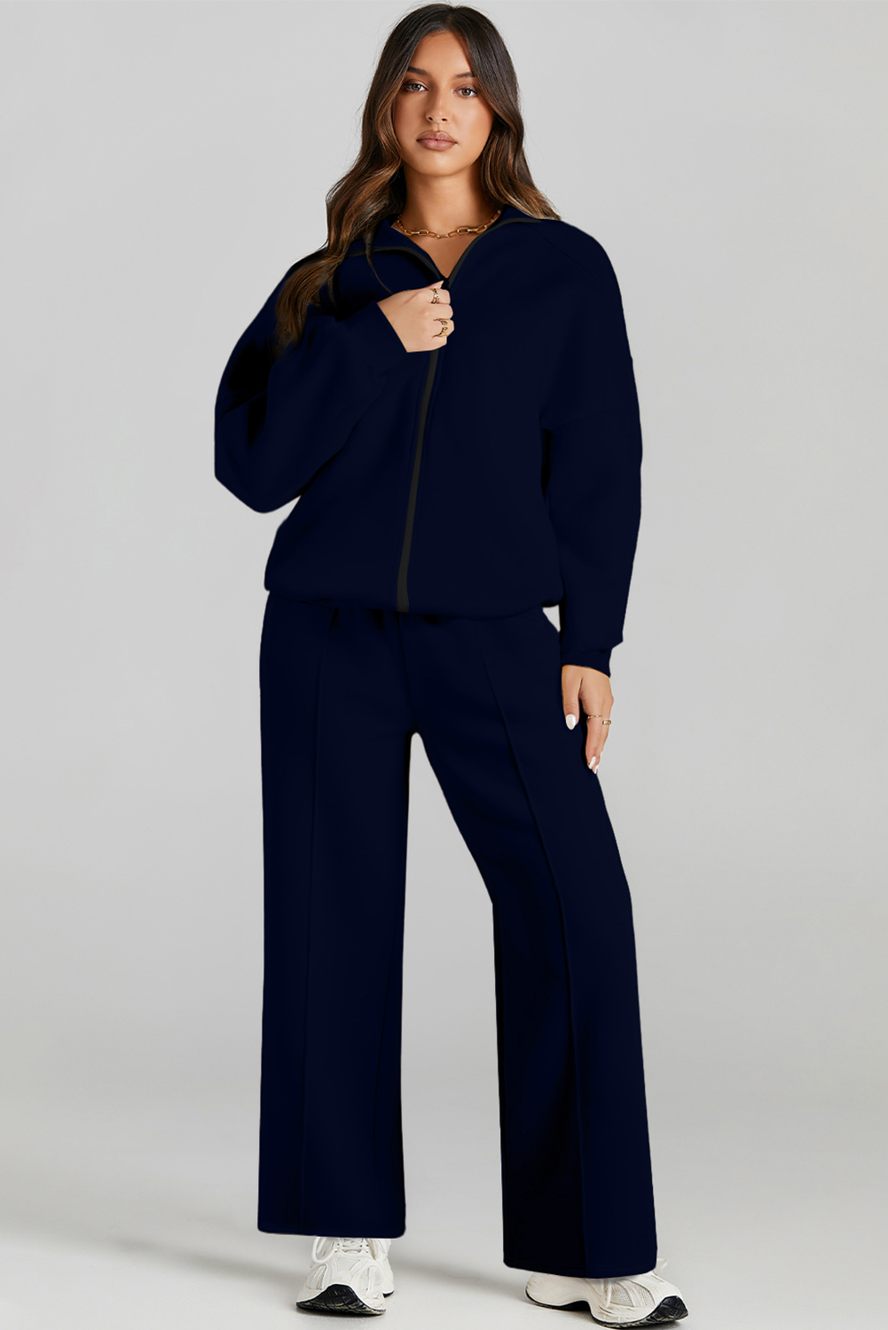 Navy Blue Drop Shoulder Zip Up Jacket Drawstring Pants Active 2pcs Set - loveforevers