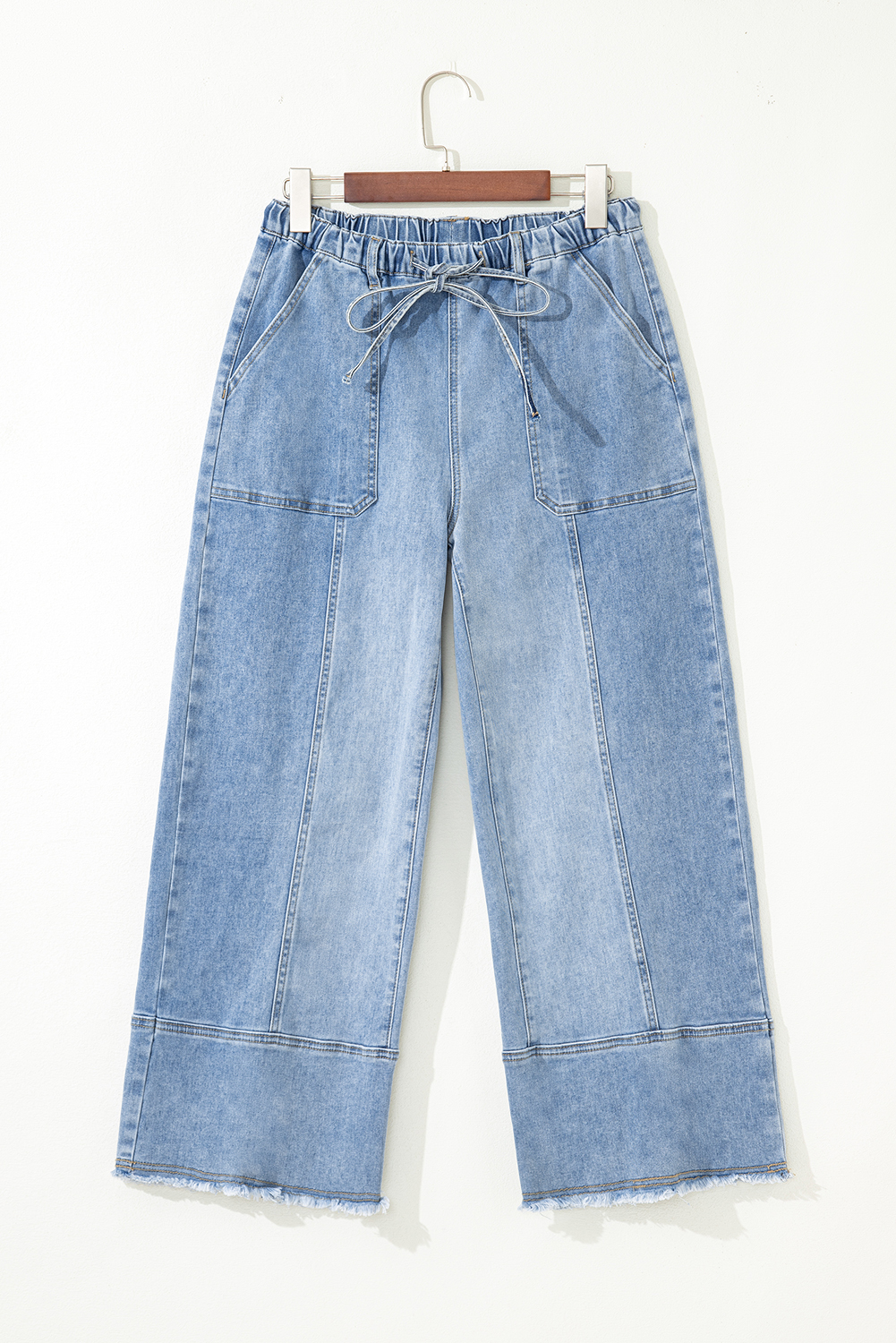 Beau Blue Drawstring Seam Detail Raw Hem Wide Leg Denim Pants - loveforevers