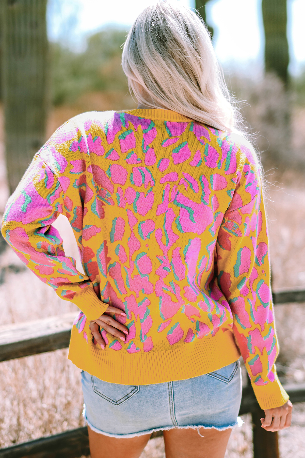 Green Abstract Print Ribbed Trim Baggy Sweater - loveforevers