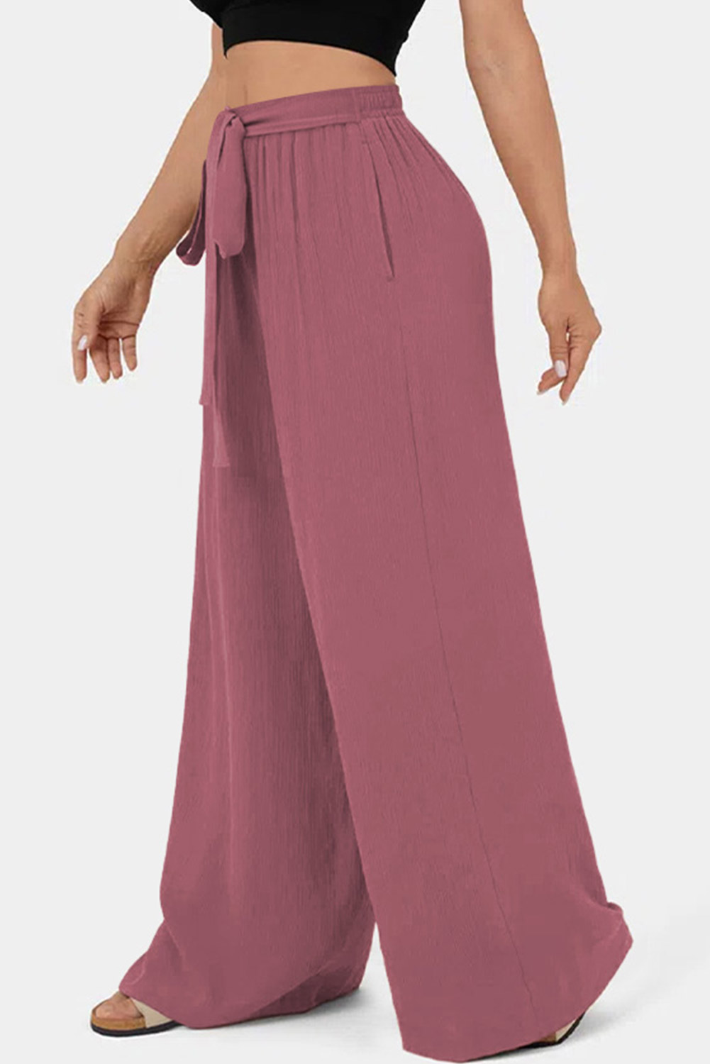 Rose Tan High Waisted Tie Front Side Pocket Wide Leg Flowy Casual Pants - loveforevers