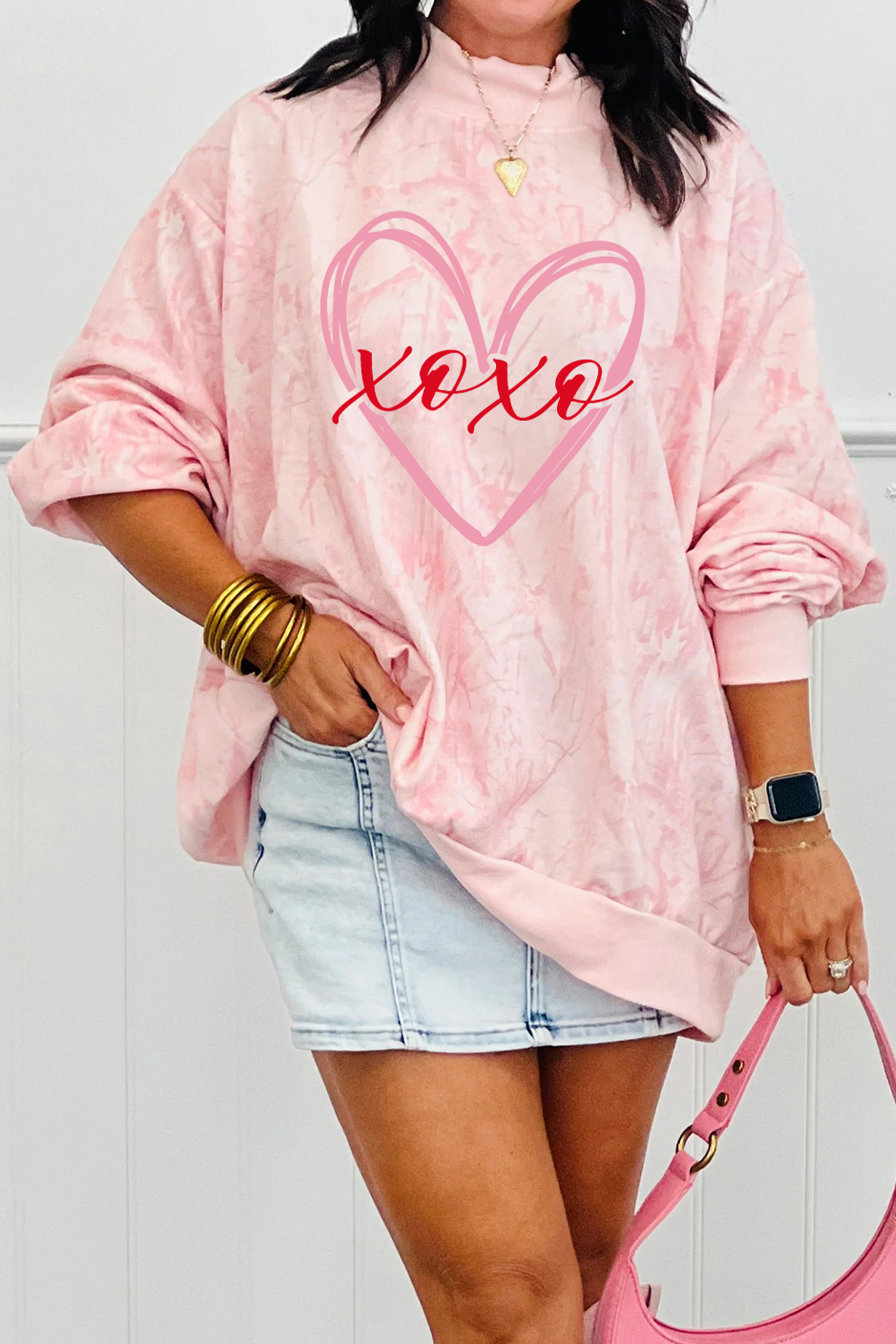 Pink Tie Dye Camo Sequin Love Heart Patched Mock Neck Sweatshirt - loveforevers