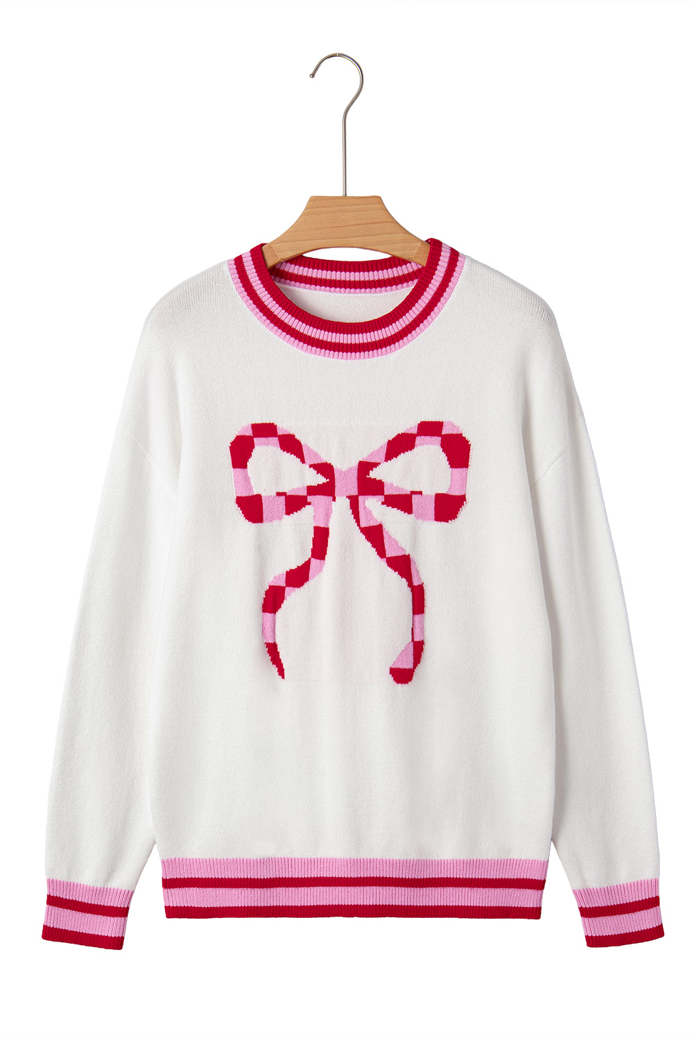White Striped Trim Bow Graphic Round Neck Drop Shoulder Sweater - loveforevers