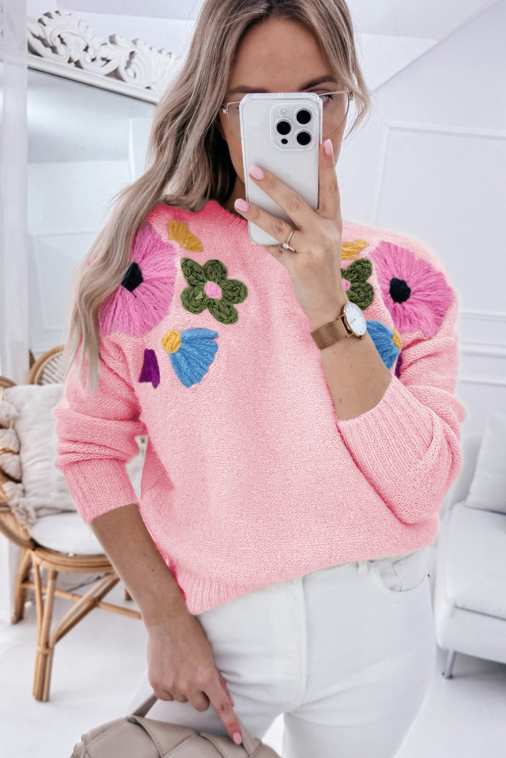 Pink Knitted Flower Pattern Ribbed Edge Sweater - loveforevers
