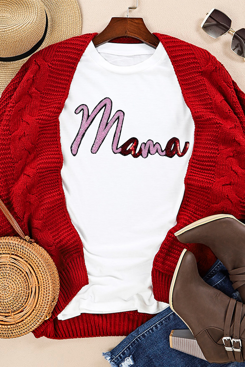 White Sequin mama Graphic Crewneck T Shirt - loveforevers
