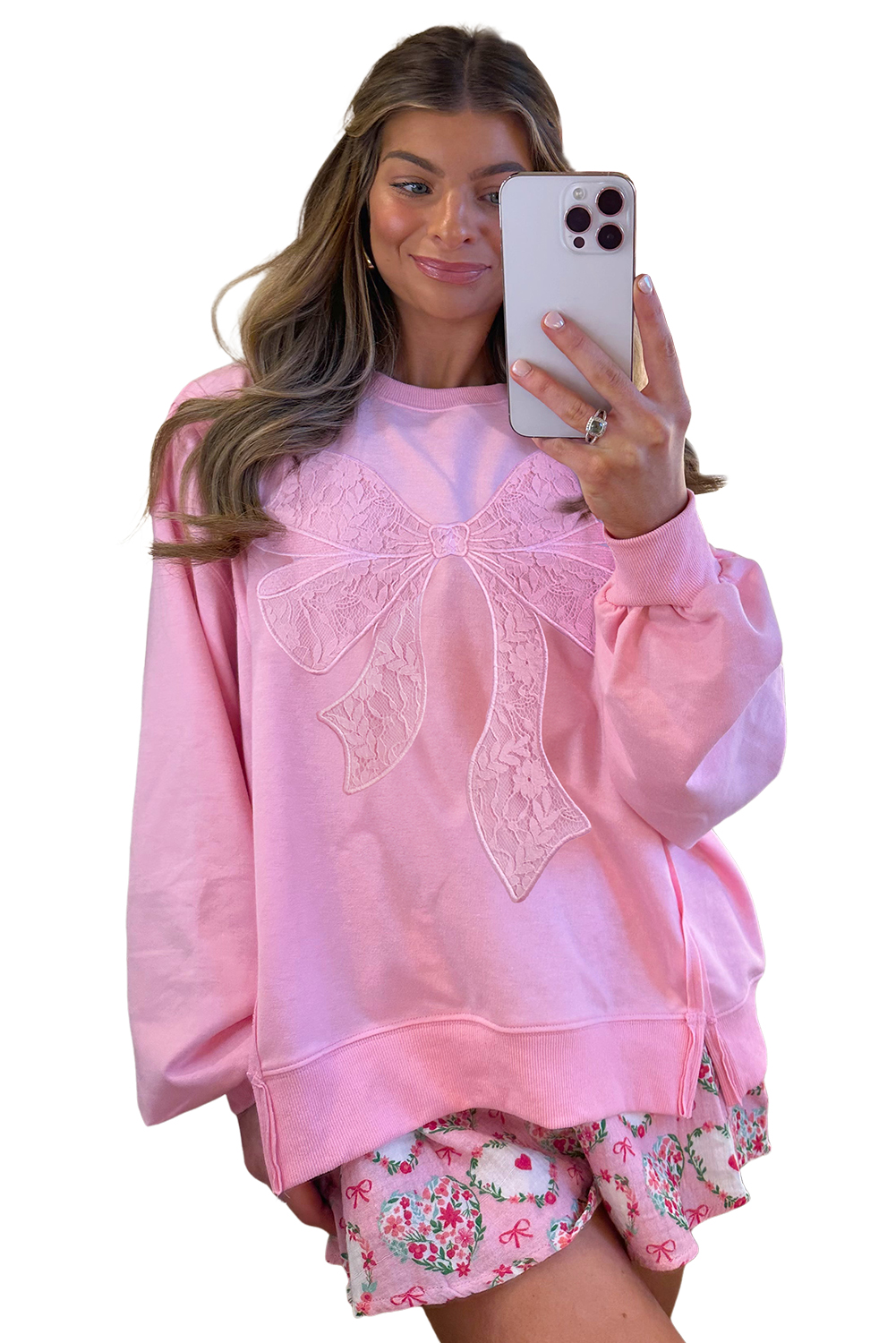 Bonbon Lace Insert Bow Embroidered Exposed Seam Sweatshirt - loveforevers