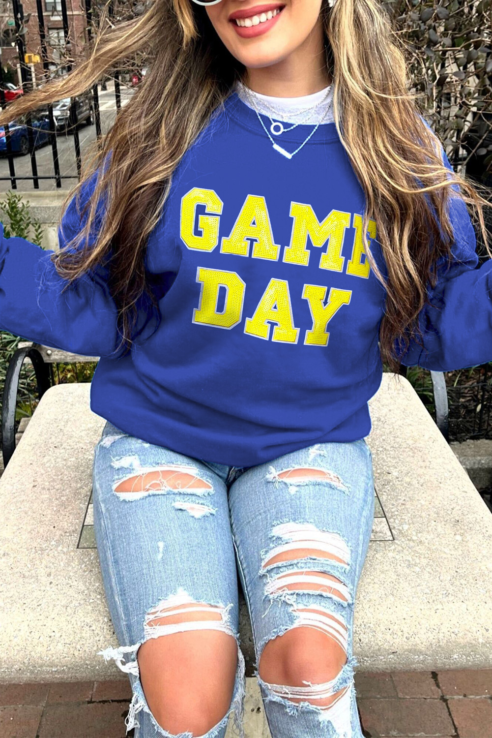 Dark Blue Game Day Crew Neck Graphic Pullover Sweatshirt - loveforevers