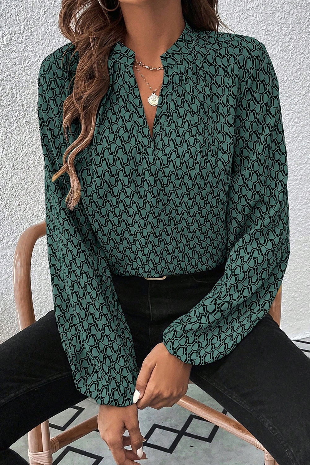 Green Geometric Print Notched Neck Puff Sleeve Blouse - loveforevers