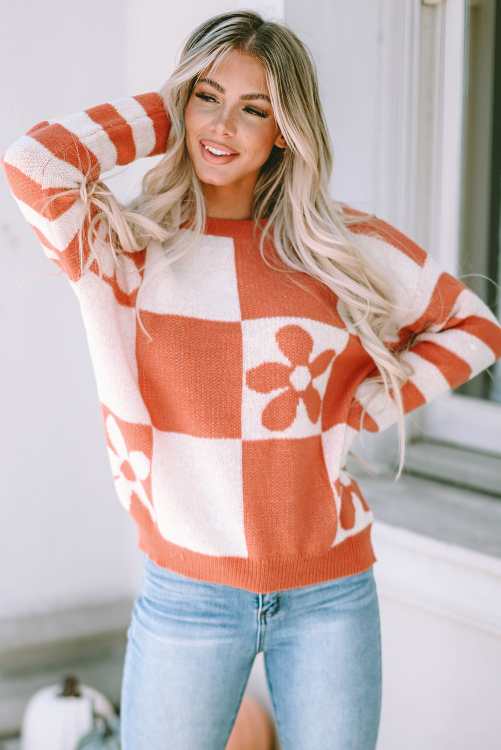 Brown Checkered Floral Print Striped Sleeve Sweater - loveforevers