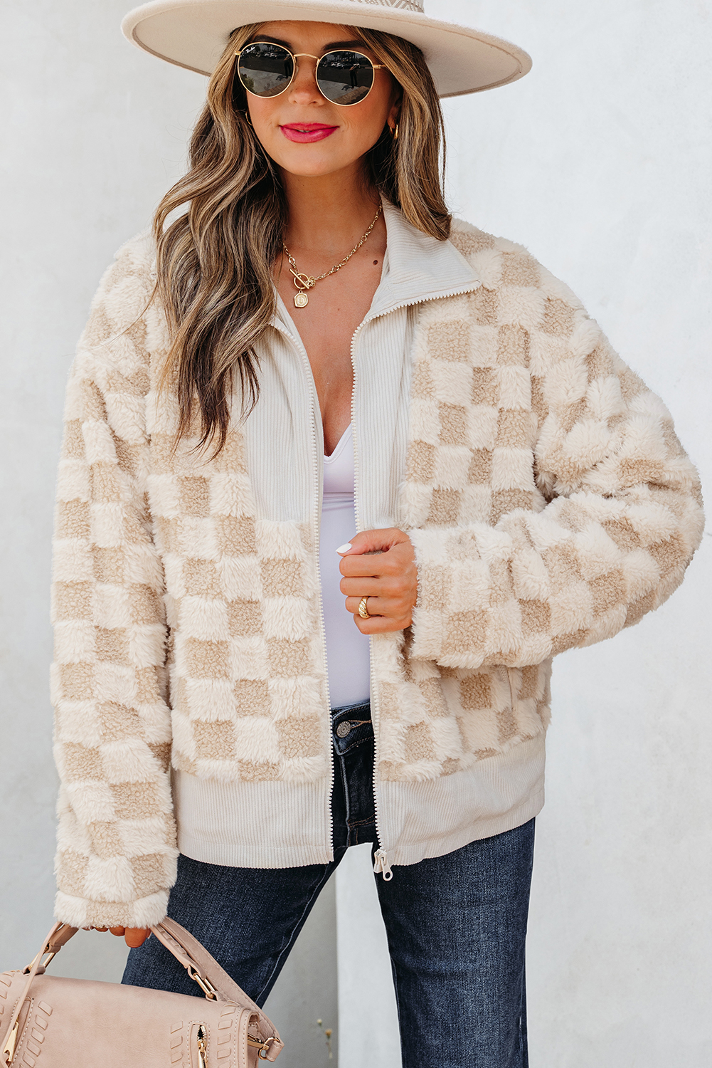 Khaki Checker Sherpa Corduroy Patchwork Zip up Collared Jacket - loveforevers