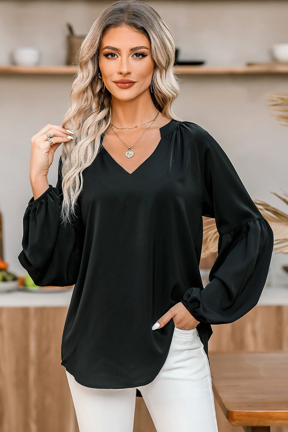 Black V Neck Long Puff Sleeve Top - loveforevers