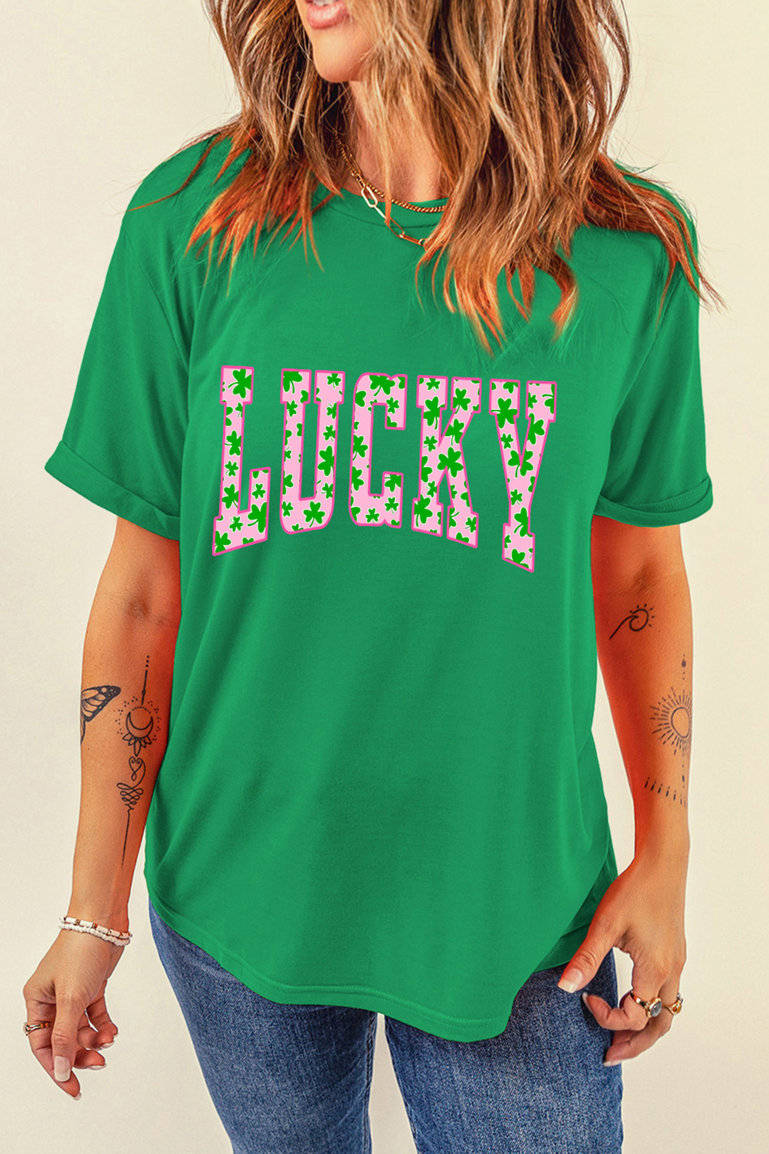 Bright Green LUCKY Clover Letter Printed Crew Neck T Shirt - loveforevers