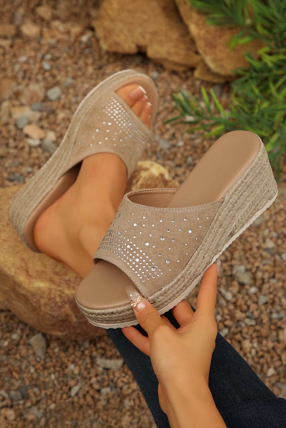 Beige Rhinestone Decor Suede Slip On Wedge Slippers - loveforevers