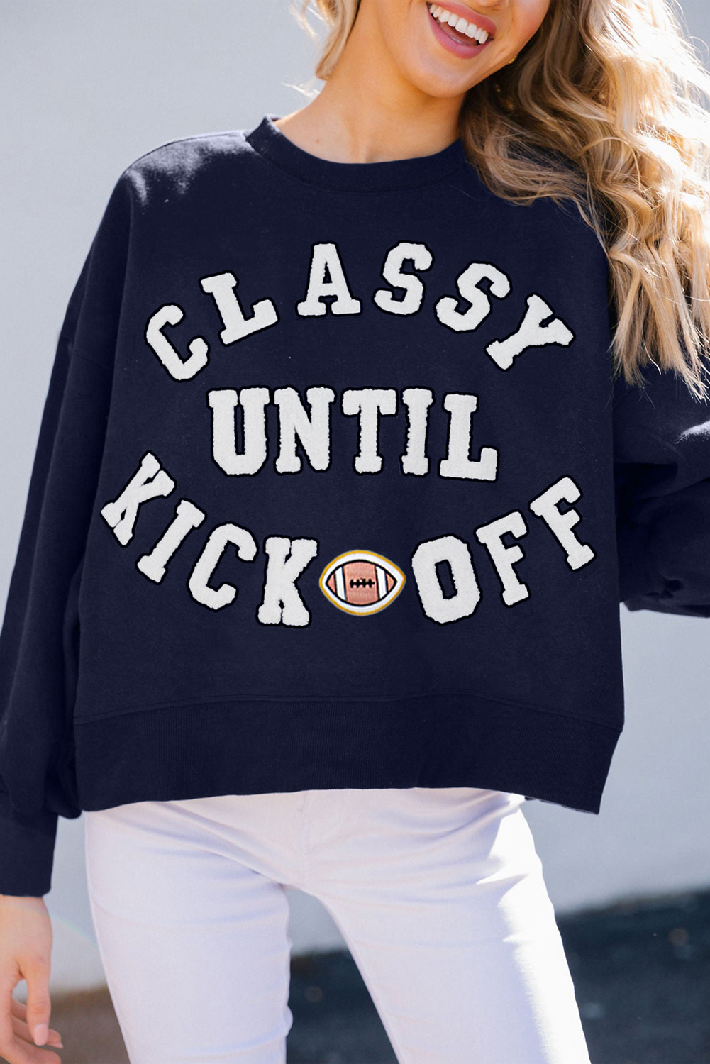 Black CLASSY UNTIL KICKOFF Plush Letter Patched Loose Sweatshirt - loveforevers