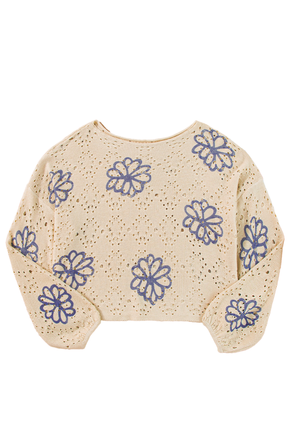 Beige Contrast Flower Print Eyelet Drop Shoulder Sweater - loveforevers