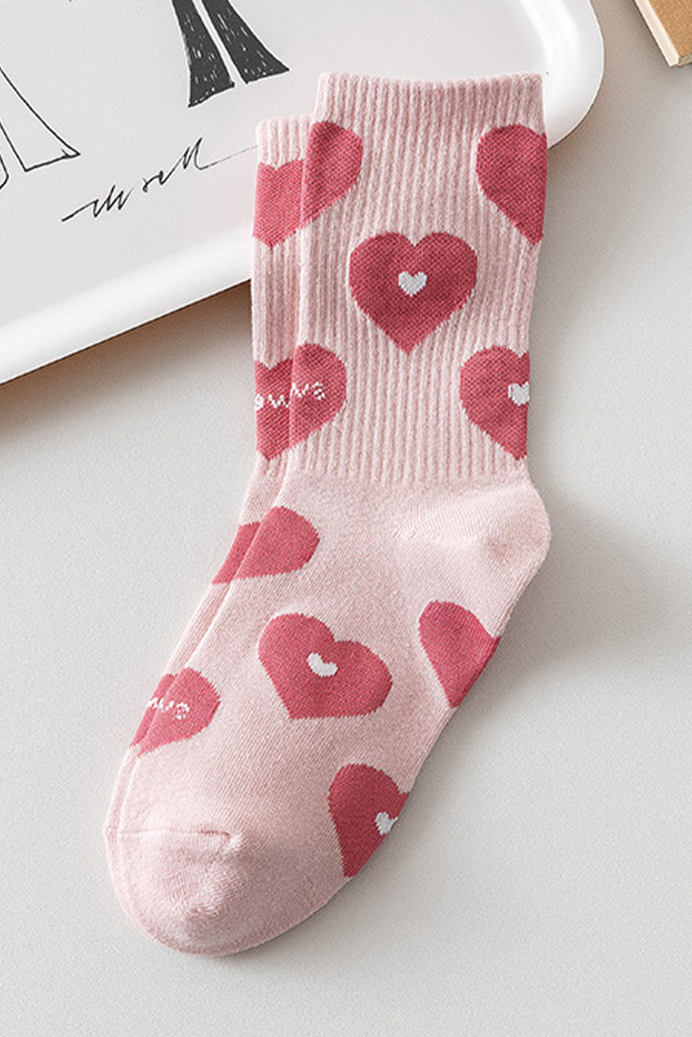 Light Pink Heart Print Ribbed Trim Soft Crew Socks - loveforevers