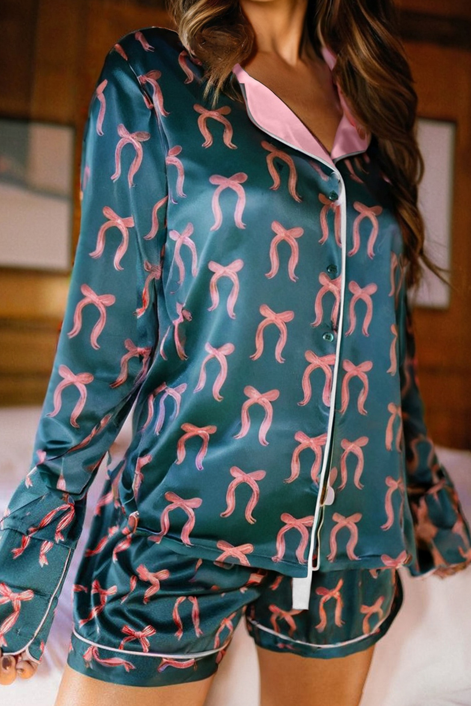 Green Ribbon Bow Print Silky Long Sleeve Shirt and Shorts 2pcs Pajama Set - loveforevers