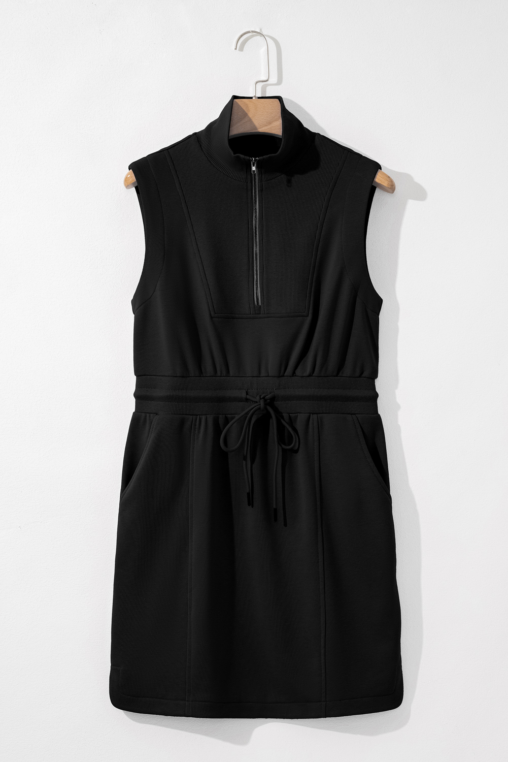 Black French Terry Zipped Collar Sleeveless Drawstring Waist Mini Dress - loveforevers