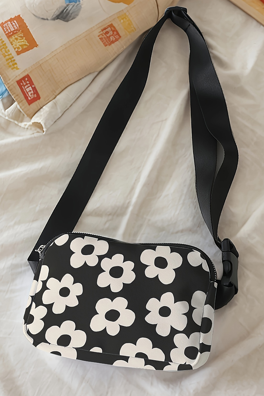 Black Flower Pattern Zipper Cross Body Bag - loveforevers