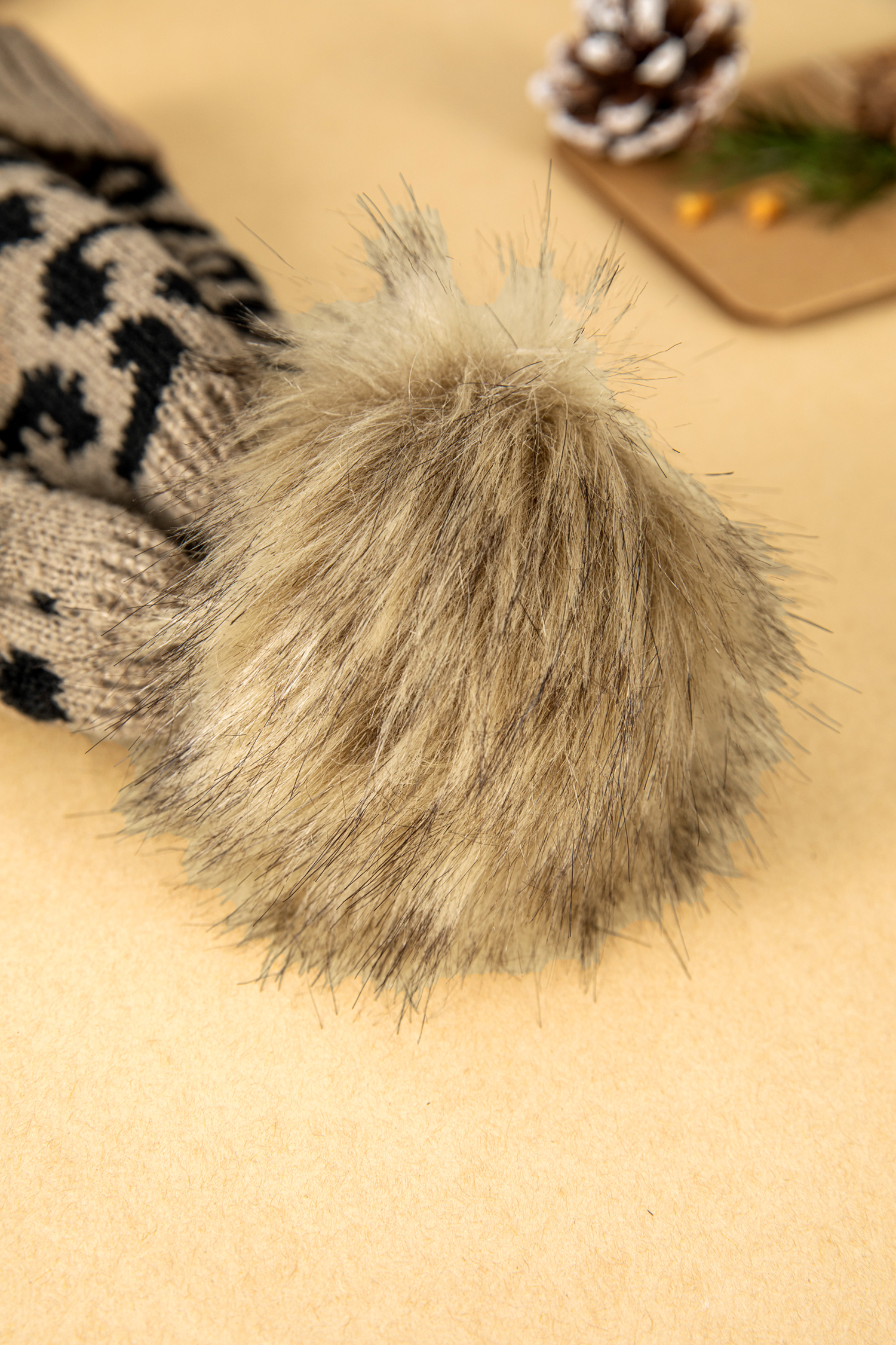 Light French Beige Faux Fur Pompom Leopard Knit Beanie - loveforevers
