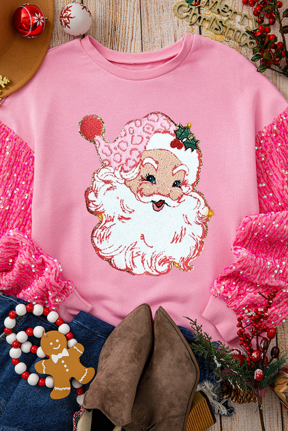 Pink Shiny Father Christmas Graphic Sequin Long Sleeve Top - loveforevers
