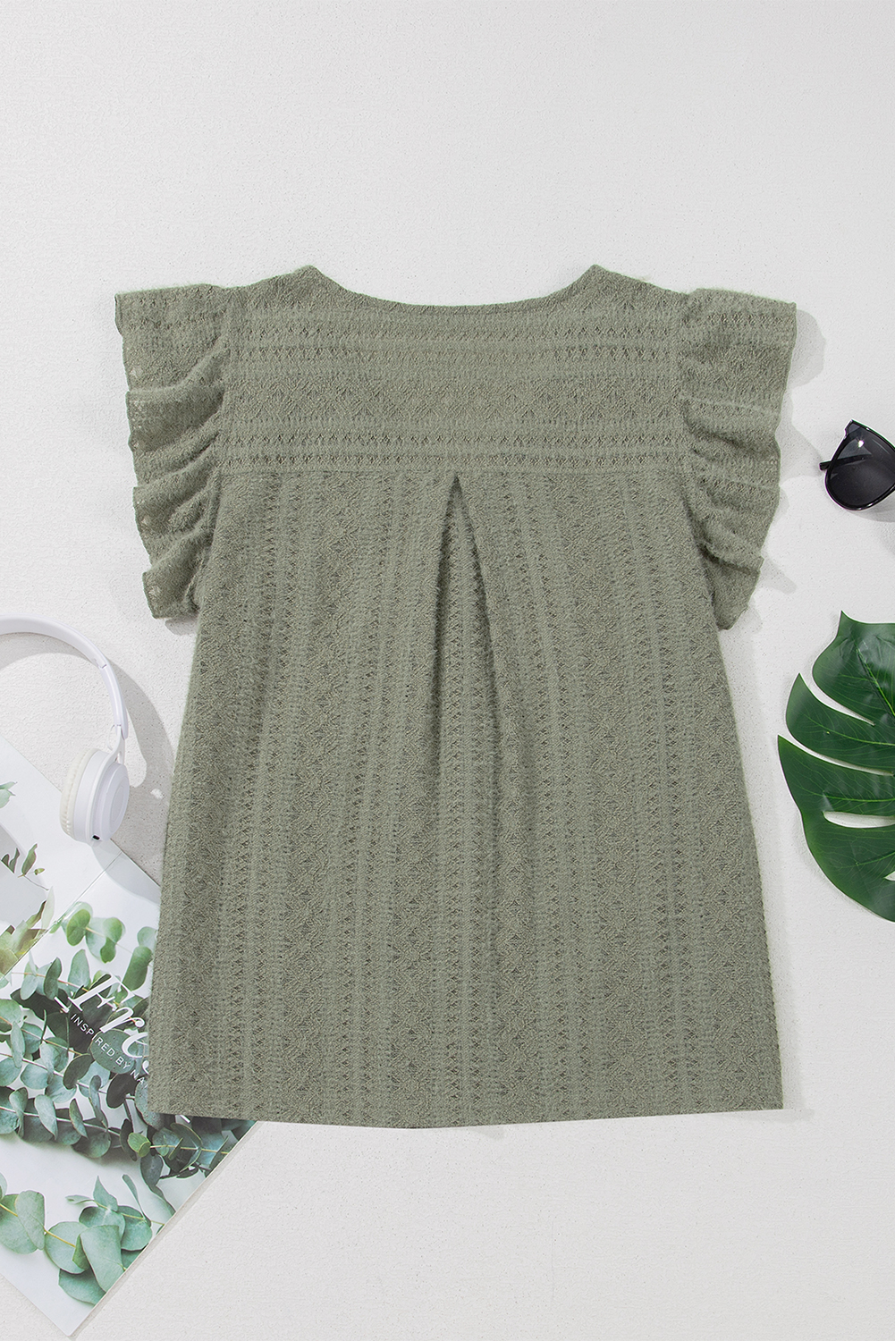 Laurel Green Flutter Sleeve Lace V Neck Shirt - loveforevers